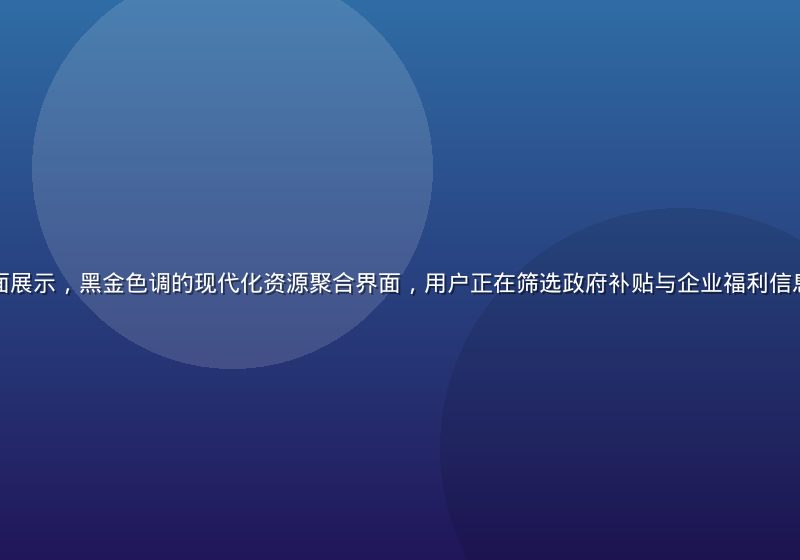 福利导航平台界面展示，黑金色调的现代化资源聚合界面，用户正在筛选政府补贴与企业福利信息，画面简洁专业